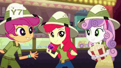 Size: 960x540 | Tagged: safe, derpibooru import, screencap, apple bloom, scootaloo, sweetie belle, eqg summertime shorts, equestria girls, the canterlot movie club, animated, clothes, cutie mark crusaders, food, gif, high five, popcorn, skirt, tv-y7
