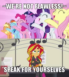 Size: 640x720 | Tagged: safe, derpibooru import, edit, screencap, applejack, fluttershy, pinkie pie, rainbow dash, rarity, sunset shimmer, twilight sparkle, twilight sparkle (alicorn), alicorn, equestria girls, fame and misfortune, rainbow rocks, best human, flawless, image macro, mane six, meme, we're not flawless