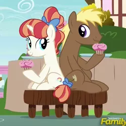 Size: 820x820 | Tagged: safe, derpibooru import, screencap, coco crusoe, rainbow stars, pony, triple threat, crusoestars, cupcake, food, happy, hoof hold, looking at each other, ponies sitting next to each other, sitting, smiling, stool, table
