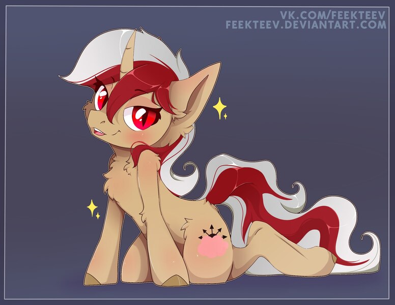 Size: 2200x1700 | Tagged: safe, artist:feekteev, derpibooru import, oc, oc:missklang, unofficial characters only, pony, unicorn, cute, cutie mark, female, gray mane, kneeling, looking at you, red mage, simple background, slit eyes, solo