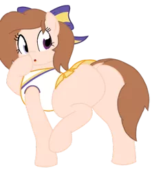 Size: 706x800 | Tagged: suggestive, artist:brianblackberry, artist:toyminator900, derpibooru import, oc, oc:milo, unofficial characters only, pony, bottomless, bow, cheerleader, clothes, large butt, open mouth, partial nudity, plot, raised hoof, solo
