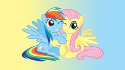 Size: 10267x5774 | Tagged: safe, artist:steam-loco, derpibooru import, fluttershy, rainbow dash, pegasus, pony, fame and misfortune, .svg available, absurd resolution, cute, dashabetes, female, flawless, gradient background, hug, mare, one eye closed, shyabetes, smiling, spread wings, vector, wings, wink