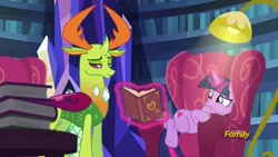 Size: 1920x1080 | Tagged: safe, derpibooru import, screencap, thorax, twilight sparkle, twilight sparkle (alicorn), alicorn, changedling, changeling, pony, triple threat, book, chair, discovery family logo, king thorax, levitation, lidded eyes, magic, smiling, telekinesis, that pony sure does love chairs