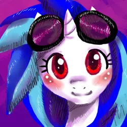 Size: 512x512 | Tagged: safe, artist:autumnmelody, derpibooru import, vinyl scratch, pony, unicorn, blushing, bust, female, gradient background, looking at you, mare, portrait, smiling, solo, wrong eye color
