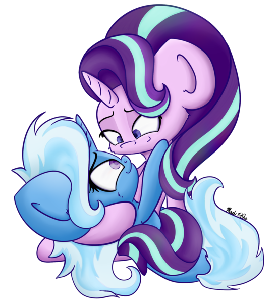 Size: 1931x2110 | Tagged: safe, artist:machstyle, derpibooru import, starlight glimmer, trixie, pony, unicorn, female, lesbian, looking at each other, mare, shipping, simple background, smiling, startrix, transparent background