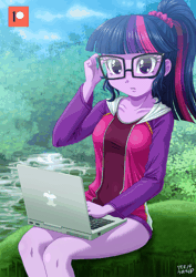 Size: 636x900 | Tagged: safe, alternate version, artist:uotapo, derpibooru import, edit, sci-twi, twilight sparkle, equestria girls, adorasexy, adorkable, animated, bicolor swimsuit, blushing, clothes, cloud, computer, cute, dork, female, forest, gif, glasses, grass, hoodie, laptop computer, looking at you, one-piece swimsuit, patreon, patreon logo, ponytail, purple swimsuit, river, school swimsuit, sexy, shadowbolts swimsuit, solo, swimsuit, twiabetes