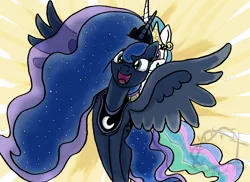 Size: 3507x2550 | Tagged: safe, artist:mountainlygon, derpibooru import, princess celestia, princess luna, pony, 2017 solar eclipse, abstract background, alicorn eclipse, eclipse, huzzah, luna eclipsing celestia, pun, solar eclipse, spread wings, visual pun, wings