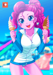 Size: 604x855 | Tagged: suggestive, alternate version, artist:uotapo, derpibooru import, edit, pinkie pie, equestria girls, animated, beach, belly button, bicolor swimsuit, bikini, bikini babe, blue swimsuit, bow, bow swimsuit, breasts, busty pinkie pie, cleavage, clothes, ear piercing, earring, female, food, gif, ice cream, ice cream cone, jewelry, looking at you, patreon, patreon logo, piercing, sexy, smiling, soft serve, solo, solo female, string bikini, striped swimsuit, striped underwear, stupid sexy pinkie, swimsuit, underass, underwear, undressing, water park