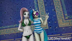 Size: 1920x1080 | Tagged: 3d, anthro, artist:gr-vinyl-scratch, belly button, bikini, breasts, clothes, derpibooru import, not fluttershy, oc, oc:masquerade, one-piece swimsuit, peace sign, safe, shipping, source filmmaker, swimming pool, swimsuit, vinyl scratch