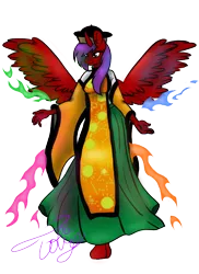 Size: 576x792 | Tagged: alicorn, alicorn oc, anthro, artist:tobifireflies, clothes, cosplay, costume, derpibooru import, female, oc, oc:phoenix flare, okina matara, safe, simple background, solo, touhou, transparent background, unofficial characters only