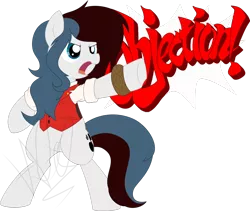 Size: 1280x1081 | Tagged: safe, artist:natusoulsilver, derpibooru import, oc, oc:mira songheart, unofficial characters only, earth pony, pony, ace attorney, apollo justice, bipedal, clothes, cosplay, costume, female, mare, objection, pointing, simple background, solo, transparent background