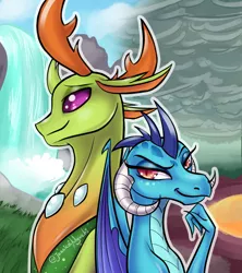 Size: 960x1080 | Tagged: safe, artist:jessicanyuchi, derpibooru import, princess ember, thorax, changedling, changeling, dragon, triple threat, changeling x dragon, embrax, female, interspecies, king thorax, male, shipping, smiling, straight, waterfall