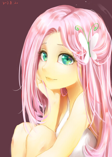 Size: 1200x1680 | Tagged: safe, artist:d战, derpibooru import, fluttershy, equestria girls, beautiful, bust, cute, female, looking at you, pixiv, shyabetes, simple background, sitting, solo