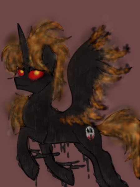 Size: 768x1024 | Tagged: safe, artist:zigragirl, derpibooru import, oc, oc:darkfire, unofficial characters only, alicorn, pony, alicorn oc, antagonist, corrupted, dripping, glowing eyes, irc, male, mane of fire, simple background, smiling, smirk, solo, stallion, traditional art