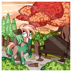 Size: 800x800 | Tagged: safe, artist:ipun, derpibooru import, oc, oc:ginko, unofficial characters only, earth pony, pony, autumn, bench, female, heart eyes, mare, nest, raised hoof, solo, tree, wingding eyes