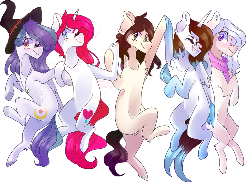 Size: 4902x3622 | Tagged: safe, artist:emily-826, derpibooru import, oc, oc:button love, oc:shylu, unofficial characters only, alicorn, earth pony, pegasus, pony, unicorn, clothes, hat, high res, one eye closed, scarf, simple background, transparent background, wink, witch hat