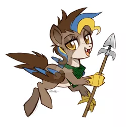 Size: 1024x1029 | Tagged: artist:wicklesmack, derpibooru import, female, hippogriff, oc, oc:gertrude, safe, simple background, solo, spear, unofficial characters only, watermark, weapon, white background