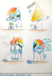 Size: 2176x3176 | Tagged: safe, artist:mustachedbain, derpibooru import, rainbow dash, pegasus, pony, atg 2017, chemistry, clothes, comic, explosion, female, goggles, lab coat, mare, newbie artist training grounds, science, solo, traditional art