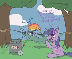 Size: 3092x2559 | Tagged: safe, artist:ferasor, derpibooru import, rainbow dash, twilight sparkle, pegasus, pony, unicorn, atg 2017, dialogue, duo, electrode, hammock, newbie artist training grounds, tree, unicorn twilight