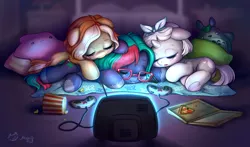 Size: 1280x751 | Tagged: safe, artist:catmag, derpibooru import, oc, unofficial characters only, pony, controller, cuddle puddle, cuddling, cute, female, food, glasses, hnnng, mare, ocbetes, pizza, plushie, pony pile, popcorn, sleeping, smiling, television, totoro, trio