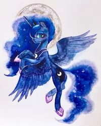Size: 800x1002 | Tagged: safe, artist:catmag, derpibooru import, princess luna, alicorn, pony, cute, female, looking at you, lunabetes, mare, moon, simple background, solo, spread wings, traditional art, watercolor painting, white background, wings