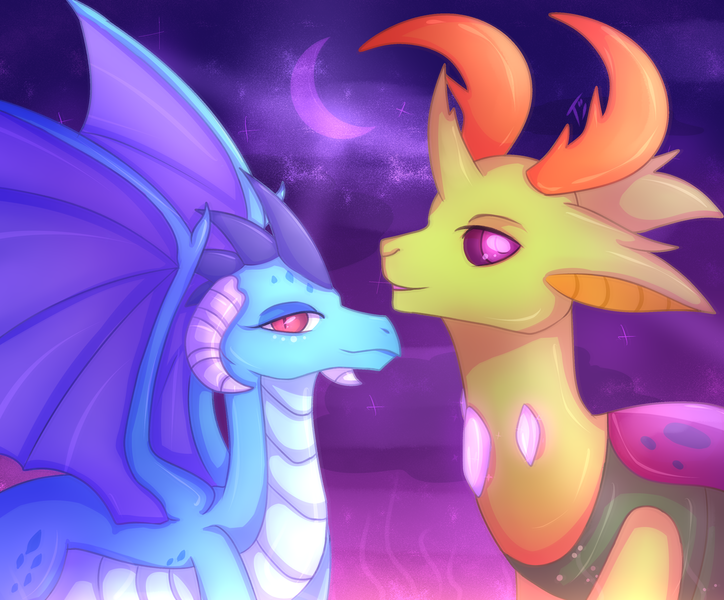 Size: 3500x2900 | Tagged: safe, artist:topolok, derpibooru import, princess ember, thorax, changedling, changeling, dragon, triple threat, changeling x dragon, embrax, female, interspecies, king thorax, male, no more ponies at source, shipping, smiling, straight