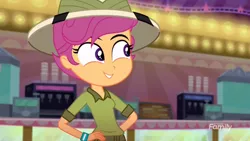 Size: 1920x1080 | Tagged: safe, derpibooru import, screencap, scootaloo, eqg summertime shorts, equestria girls, the canterlot movie club, daring do costume, hands on hip, solo