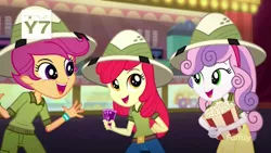 Size: 1280x720 | Tagged: safe, derpibooru import, screencap, apple bloom, scootaloo, sweetie belle, eqg summertime shorts, equestria girls, the canterlot movie club, cinema, cutie mark crusaders, excited, food, happy, hat, pith helmet, popcorn, tickets