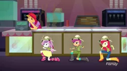 Size: 1280x720 | Tagged: safe, derpibooru import, screencap, apple bloom, scootaloo, sweetie belle, eqg summertime shorts, equestria girls, the canterlot movie club, background human, bored, cinema, crouching, cutie mark crusaders, hat, magma rise