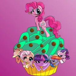 Size: 5000x5000 | Tagged: safe, artist:ashesadrigaadfingo, derpibooru import, applejack, fluttershy, pinkie pie, rainbow dash, rarity, twilight sparkle, pony, absurd resolution, cupcake, food, giant cupcake, heart eyes, mane six, mouth hold, wingding eyes, wooden spoon