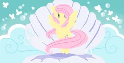 Size: 800x409 | Tagged: safe, artist:nomnomuchan, derpibooru import, fluttershy, butterfly, pony, bipedal, birth of venus, bubble, cloud, long mane, looking at you, reference, smiling, solo, spread wings, wings