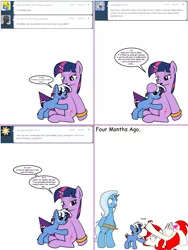 Size: 1204x1604 | Tagged: safe, artist:dekomaru, derpibooru import, trixie, twilight sparkle, oc, oc:astra, oc:nebula, pony, tumblr:ask twixie, ask, bipedal, boop, colt, dexterous hooves, female, lesbian, magical lesbian spawn, male, offspring, parent:trixie, parent:twilight sparkle, parents:twixie, pregnant, rolling pin, shipping, tumblr, twixie