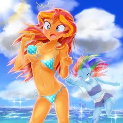 Size: 1500x1500 | Tagged: suggestive, artist:fromamida, derpibooru import, rainbow dash, sunset shimmer, equestria girls, assisted exposure, belly button, bicolor swimsuit, bikini, blue swimsuit, blushing, breasts, clothes, delicious flat chest, duo, duo female, embarrassed, embarrassed nude exposure, female, humiliation, imminent nudity, midriff, nudity, ocean, open mouth, polka dot swimsuit, prank, rainbow douche, rainbow flat, side-tie bikini, string bikini, swimsuit, undressing, untied bikini