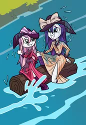 Size: 1756x2554 | Tagged: safe, artist:art-2u, derpibooru import, rarity, sweetie belle, equestria girls, ppov, boots, clothes, commission, costume, dress, female, grin, hat, log, looking at each other, nervous, nervous grin, raristocrat, riding, river, rose dewitt bukater, shoes, sisters, smiling, soaked, titanic, wet, wet clothes, wet hair