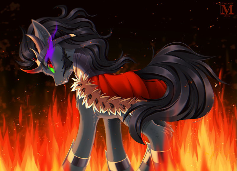 Size: 1600x1154 | Tagged: safe, artist:margony, derpibooru import, king sombra, pony, unicorn, cape, clothes, fangs, fire, looking back, male, smiling, solo, stallion