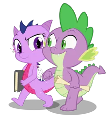 Size: 4472x4928 | Tagged: absurd resolution, artist:queencold, baby dragon, book, commission, derpibooru import, dragon, dragoness, dragonified, duo, female, male, raised eyebrow, safe, scroll, simple background, species swap, spike, transparent background, twilidragon, twilight sparkle, walking, what if