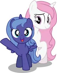 Size: 1971x2534 | Tagged: safe, artist:aleximusprime, derpibooru import, princess celestia, princess luna, alicorn, pony, 2017 solar eclipse, alicorn eclipse, cute, duo, female, filly, filly celestia, filly luna, foal, looking at you, lunabetes, open mouth, pink-mane celestia, royal sisters, simple background, sisters, smiling, transparent background, woona, younger