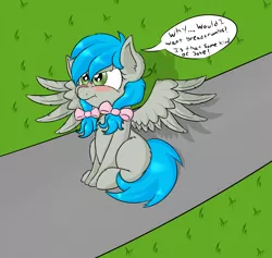 Size: 1304x1235 | Tagged: safe, artist:laptopbrony, derpibooru import, oc, oc:darcy sinclair, unofficial characters only, pony, blushing, chest fluff, dialogue, fluffy, frown, scrunchy face, solo, spread wings, wings