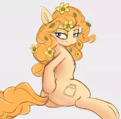 Size: 679x665 | Tagged: suggestive, artist:tre, derpibooru import, pear butter, earth pony, pony, the perfect pear, blushing, curvy, cutie mark, eyes closed, female, flower, flower in hair, hand on butt, leaves, looking back, mare, milf, plot, rear view, simple background, sitting, smiling, solo, solo female, white background