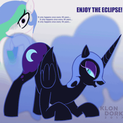 Size: 1400x1400 | Tagged: suggestive, artist:klondike, derpibooru import, nightmare moon, princess celestia, alicorn, pony, animated, butt shake, eclipse, face down ass up, female, females only, gif, lunar eclipse, mooning, nightmare moonbutt, plot, solar eclipse, twerking, we're going to distract them with our booty shaking dance moves