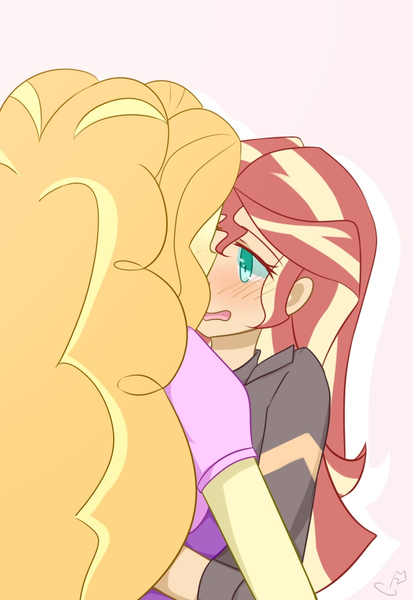 Size: 690x1003 | Tagged: safe, artist:yuck, derpibooru import, adagio dazzle, sunset shimmer, equestria girls, rainbow rocks, blushing, clothes, female, lesbian, nervous, rear view, shipping, shy, sunsagio