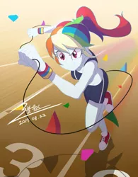 Size: 743x953 | Tagged: safe, artist:bluse, derpibooru import, rainbow dash, equestria girls, alternate hairstyle, clothes, converse, female, ponytail, running, shoes, shorts, show accurate, smiling, sneakers, solo, sports bra, sports shorts