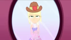 Size: 1136x640 | Tagged: safe, derpibooru import, screencap, applejack, eqg summertime shorts, equestria girls, make up shake up, bored, clothes, fall formal outfits, female, flower, hat, mirror, offscreen character, pov, rose, scarf