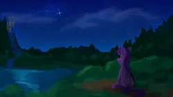 Size: 1024x576 | Tagged: safe, artist:camyllea, derpibooru import, twilight sparkle, twilight sparkle (alicorn), alicorn, pony, atg 2017, canterlot, canterlot castle, female, forest, grass, lake, looking up, mare, newbie artist training grounds, night, outdoors, river, scenery, shooting star, sitting, smiling, solo, stargazing, starry night, tree, water, waterfall