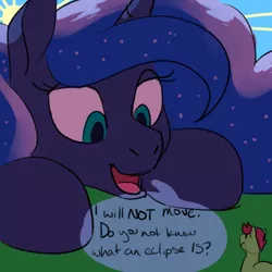 Size: 700x700 | Tagged: safe, artist:goat train, deleted from derpibooru, derpibooru import, princess luna, alicorn, pony, alicorn eclipse, catasterism, cute, dialogue, eclipse, giant pony, macro, male, silly, silly pony, smiling, solar eclipse, stallion, sun