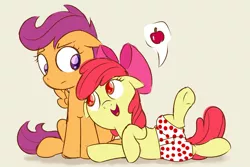 Size: 1280x853 | Tagged: safe, artist:dtcx97, derpibooru import, edit, apple bloom, scootaloo, earth pony, pegasus, pony, boxers, clothes, cute, female, filly, floppy ears, lesbian, open mouth, polka dot underwear, scootabloom, shipping, simple background, underwear, white background