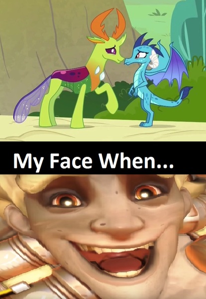 Size: 563x816 | Tagged: safe, derpibooru import, edit, edited screencap, screencap, princess ember, thorax, changedling, changeling, dragon, triple threat, cropped, cute, dragon lord ember, embrax, female, interspecies, junkrat, king thorax, male, meme, now kiss, overwatch, shipping, smiling, straight, text