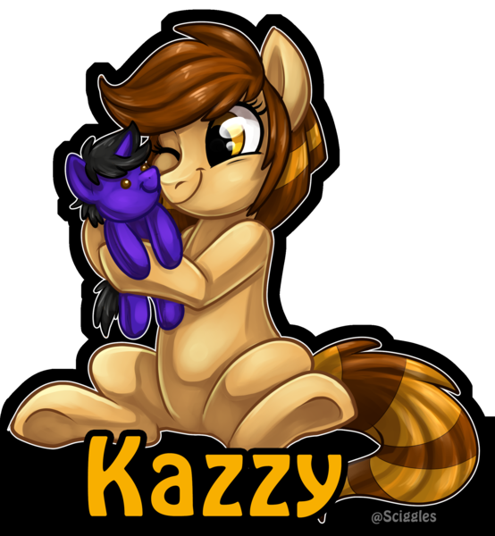 Size: 2151x2328 | Tagged: safe, artist:sciggles, derpibooru import, oc, oc:crystalline wind, oc:kazzy, unofficial characters only, earth pony, pony, badge, crystazzy, female, high res, hug, mare, one eye closed, plushie, simple background, solo, transparent background