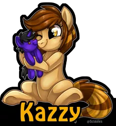 Size: 2151x2328 | Tagged: safe, artist:sciggles, derpibooru import, oc, oc:crystalline wind, oc:kazzy, unofficial characters only, earth pony, pony, badge, crystazzy, female, high res, hug, mare, one eye closed, plushie, simple background, solo, transparent background