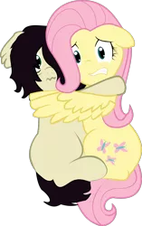 Size: 1000x1594 | Tagged: safe, artist:cinderfall, derpibooru import, fluttershy, oc, oc:floor bored, earth pony, pegasus, pony, duo, female, floppy ears, hug, looking at you, mare, scared, simple background, transparent background, vector, winghug